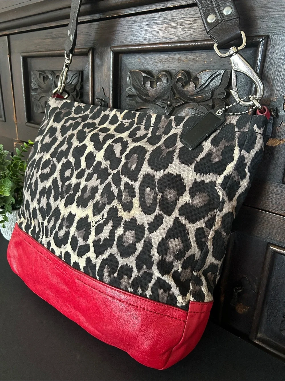 Coach Leopard Print Canvas Shoulder Bag with Red Leather Trim